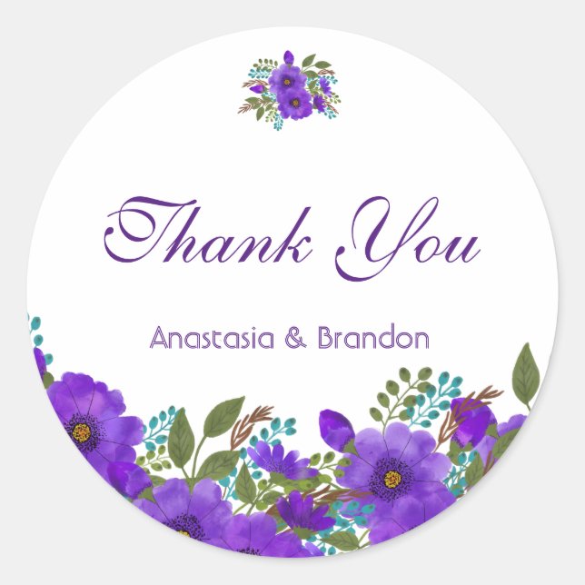 Custom Purple Floral Thank You Classic Round Sticker (Front)