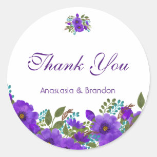 Custom Purple Floral Thank You Classic Round Sticker