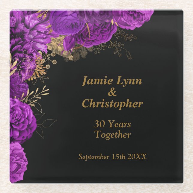 Custom Purple Floral Wedding Anniversary Glass Coaster (Front)