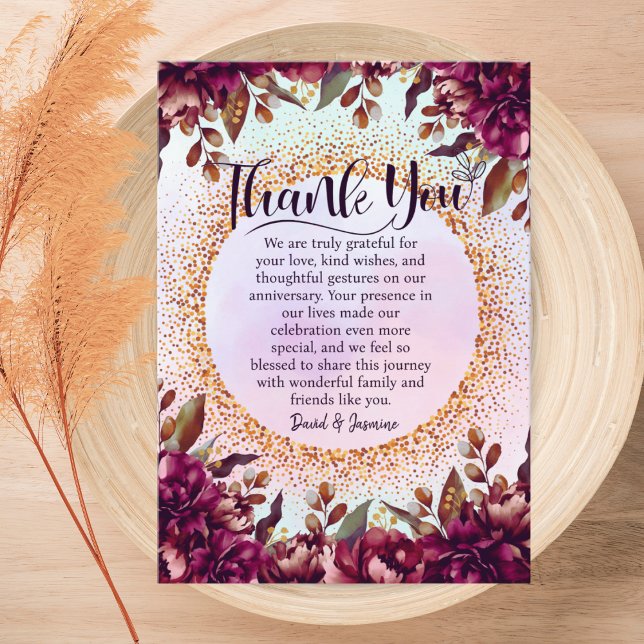Custom Purple Floral Wedding Anniversary Party Thank You Card (Creator Uploaded)