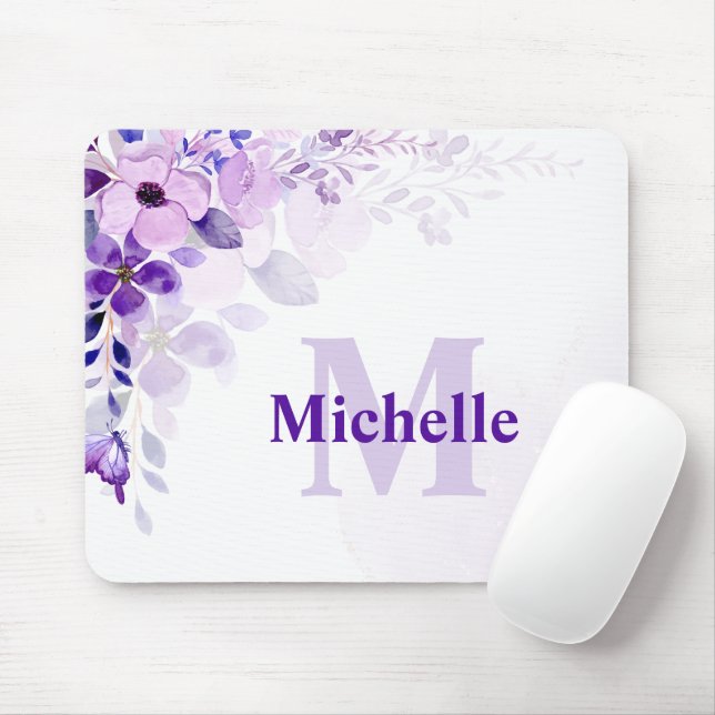 Custom Purple Floral with Name and Monogram Mouse Mat (With Mouse)