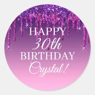 Custom Purple Glitter Drip Happy Birthday Classic Round Sticker