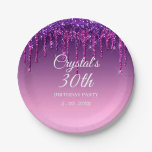 Custom Purple Glitter Drip Happy Birthday Paper Plate