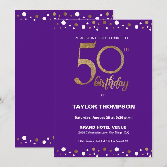 Custom Purple Gold Confetti 50th birthday party Invitation (Front/Back)
