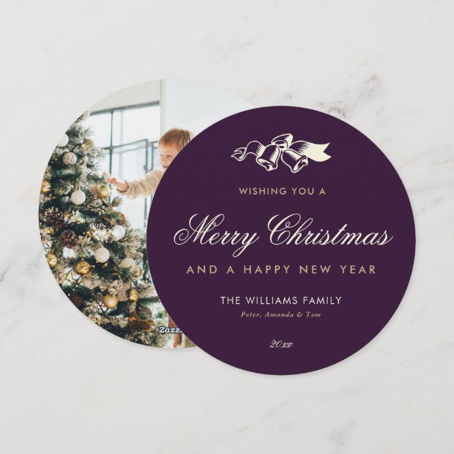 Custom Purple Gold Photo Merry Christmas Holiday Card (Front/Back)