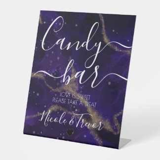 Custom Purple Gold Vein Calligraphy Candy Bar Pedestal Sign