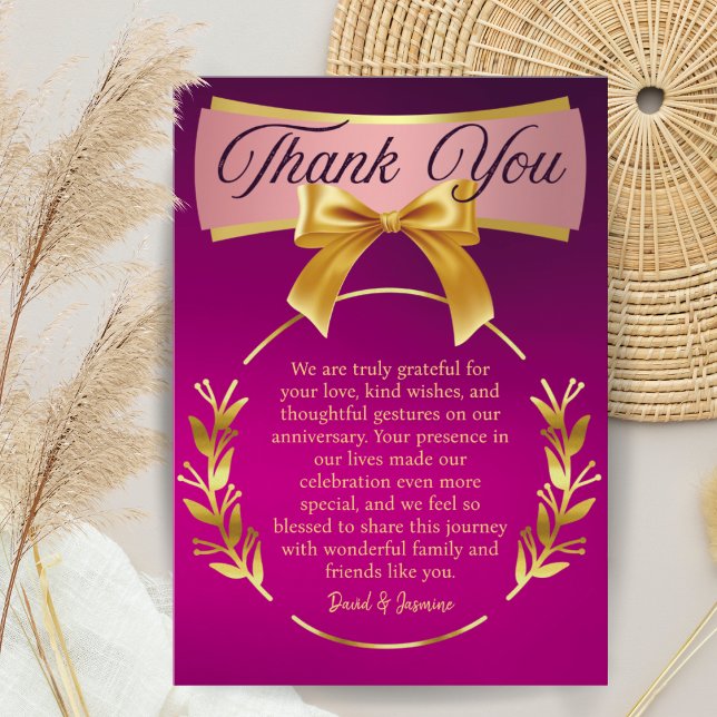 Custom Purple & Gold Wedding Anniversary Party Bow Thank You Card (Creator Uploaded)