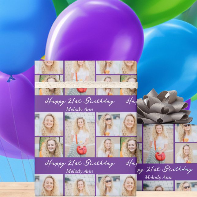 Custom Purple Happy Birthday Photo Collage Wrapping Paper (Creator Uploaded)