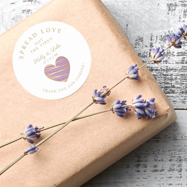 Custom Purple Heart Wedding Sanitizer Hands Classic Round Sticker (Creator Uploaded)