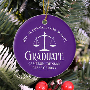 Custom Purple Law School Graduate Photo Christmas Ceramic Tree Decoration