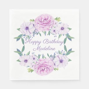 Custom Purple Lilac Lavender Floral White Birthday Napkin