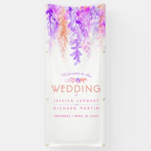 Custom purple orange wedding art welcome banner (Vertical)