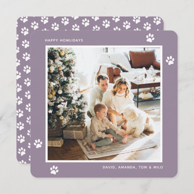 Custom Purple Paw Photo Happy Howlidays Cards (Front/Back)