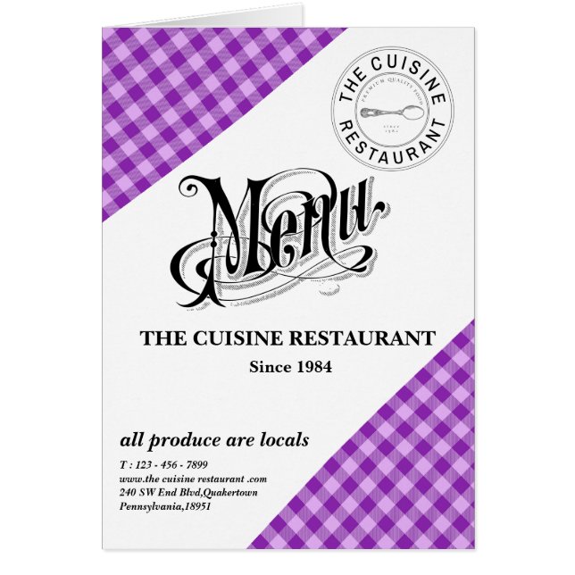 Custom Purple Plaid Restaurant Menu Card (Front)