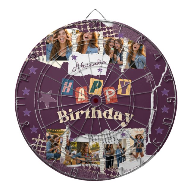 Custom Purple Scrapbook Birthday Photo Collage Dartboard (Front)