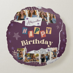 Custom Purple Scrapbook Birthday Photo Collage Round Cushion
