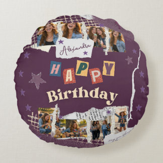 Custom Purple Scrapbook Birthday Photo Collage Round Cushion