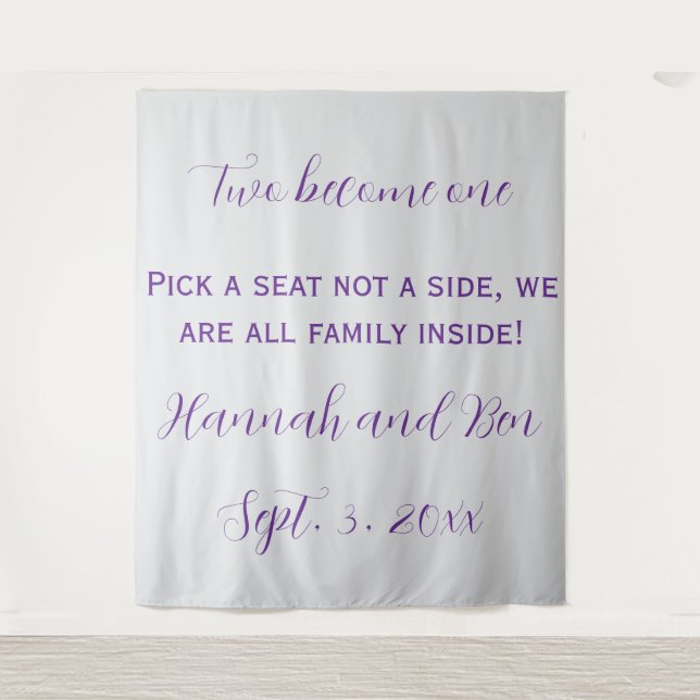 Custom Purple Script Wedding Backdrop Tapestry (Front)