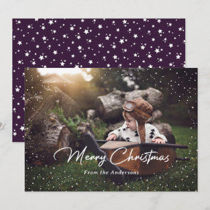 Custom Purple Snow Stars Photo Christmas Cards