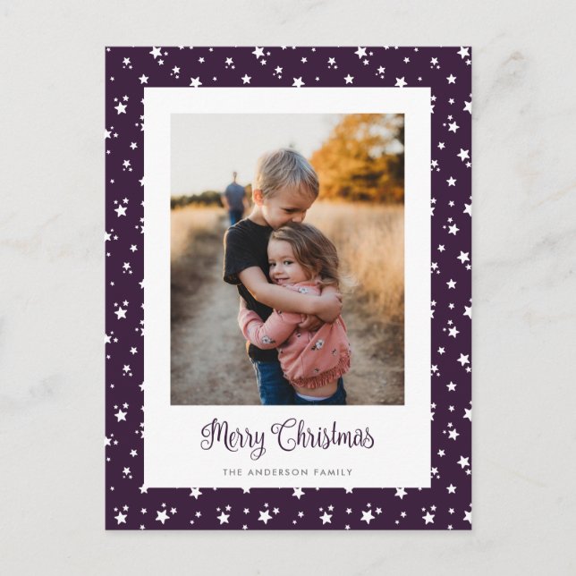 Custom Purple Stars Photo Merry Christmas Postcard (Front)