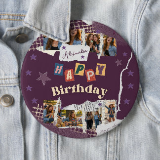 Custom Purple Teen Girl Birthday Photo Collage  6 Cm Round Badge