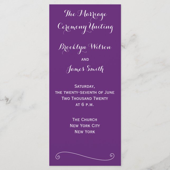 Custom Purple Wedding Programs Rack Cards (Front)