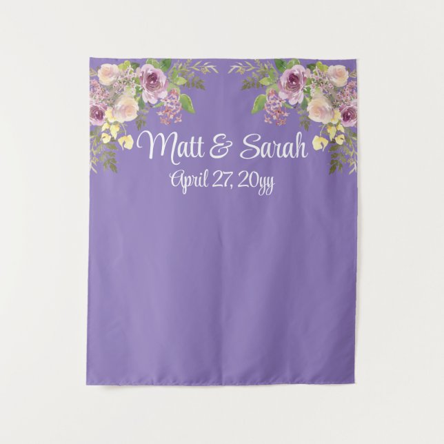 Custom Purple Wedding Reception Floral Photo Booth Tapestry (Front)