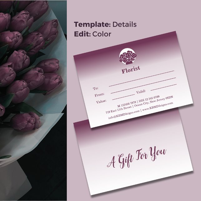 💝Custom Purple & White Gift Certificate Note Card (💝Custom Purple & White Gift Certificate Note Card, Florist Shop Branding)