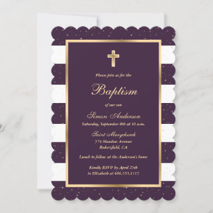 Custom Purple White Gold Stripe Baptism Invitation