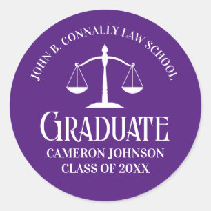 Custom Purple White Law School Graduation Party Classic Round Sticker