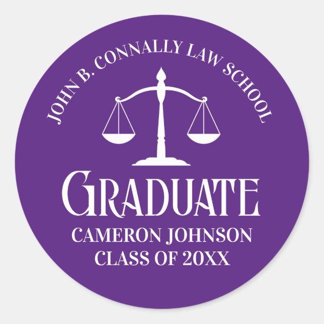 Custom Purple White Law School Graduation Party Classic Round Sticker (Front)