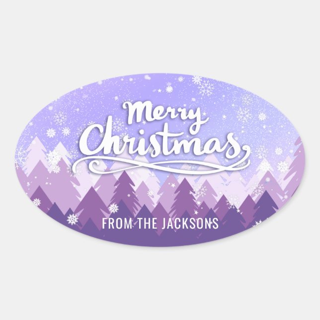 Custom Purple White Snow Peaceful Forest Christmas Oval Sticker (Front)