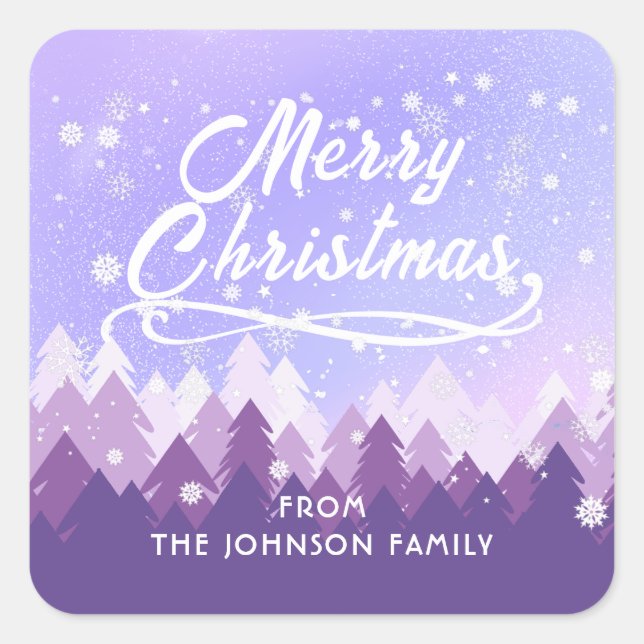 Custom Purple White Snow Peaceful Forest Christmas Square Sticker (Front)