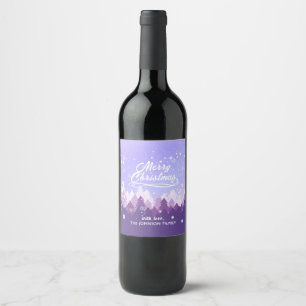 Custom Purple White Snow Peaceful Forest Christmas Wine Label