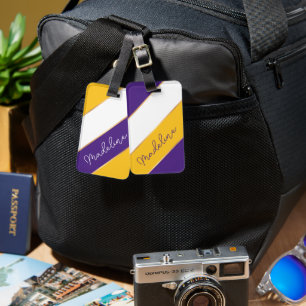 Custom Purple White Yellow Gold Stripes Pattern Luggage Tag