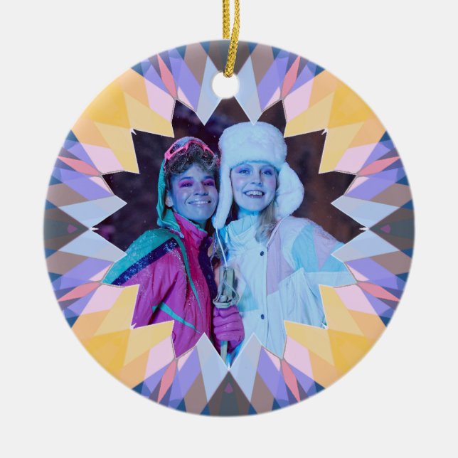 Custom Purple Yellow Christmas Star Photo Gift Ceramic Tree Decoration (Front)