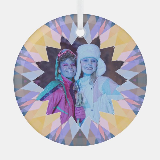 Custom Purple Yellow Christmas Star Photo Gift Glass Tree Decoration (Front)