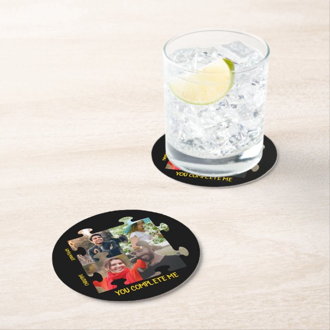 Custom puzzle piece photo You complete me couple Round Paper Coaster (Insitu)