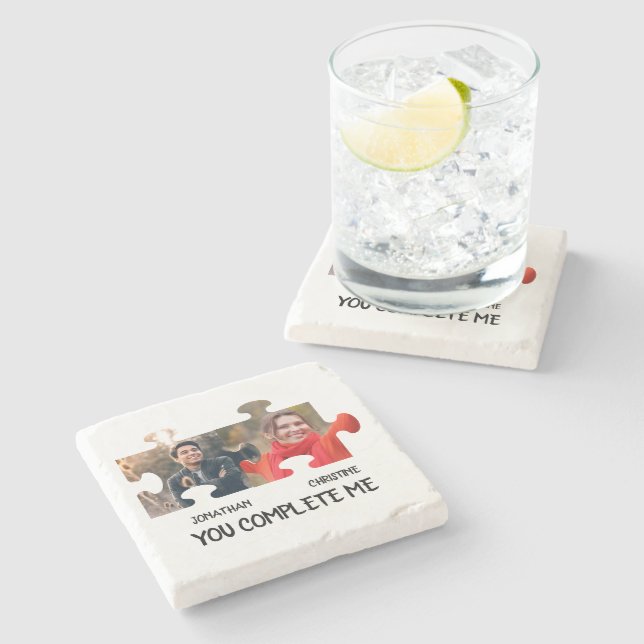 Custom puzzle piece photo You complete me couple Stone Coaster (Side)