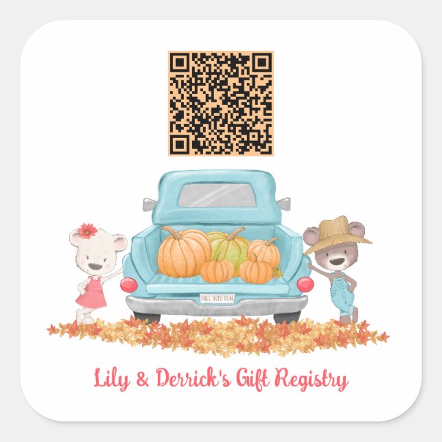 Custom QR Code Autumn Pumpkin Theme Gift Registry Square Sticker (Front)