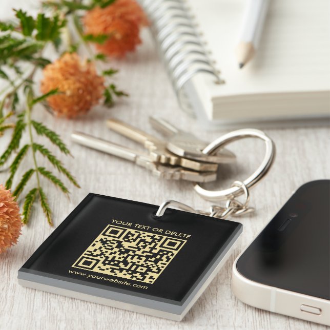 Custom QR Code Black & Gold Single Sided Square Key Ring (Front Right)