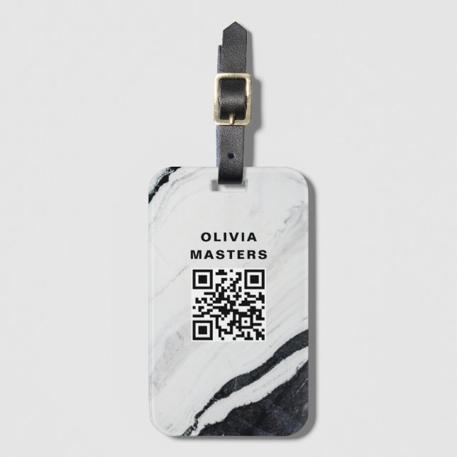 Custom QR Code Black Marble Travel Luggage Tag (Front Vertical)