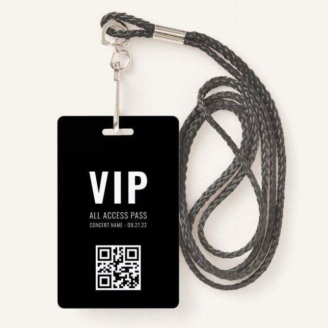 Custom QR Code Black White VIP All Access Pass ID Badge (Front with Lanyard)