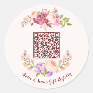 Custom QR Code Floral Frame Wedding Gift Registry Classic Round Sticker