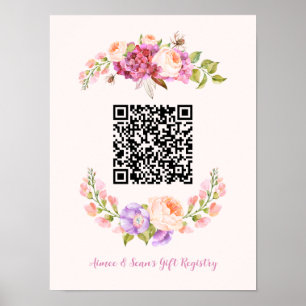 Custom QR Code Floral Frame Wedding Gift Registry Poster