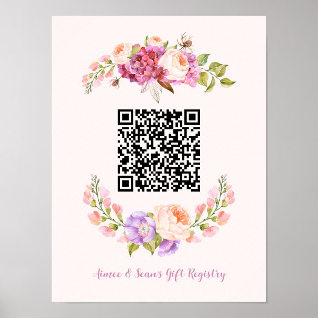 Custom QR Code Floral Frame Wedding Gift Registry Poster (Front)