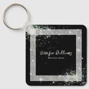 Custom QR Code Holographic Glitter Black Sparkles Key Ring