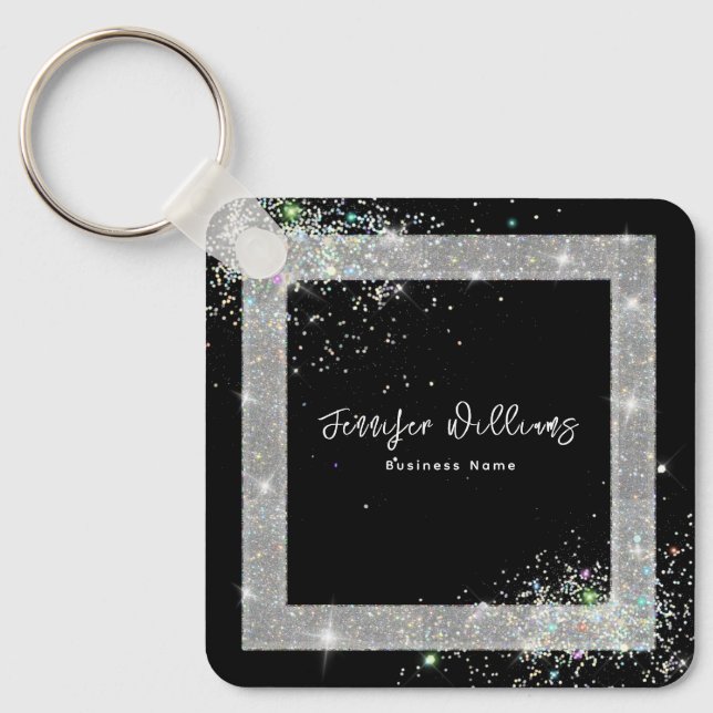 Custom QR Code Holographic Glitter Black Sparkles Key Ring (Front)
