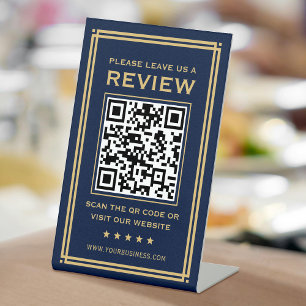 Custom QR Code Leave a Review Classic Navy Gold Pedestal Sign