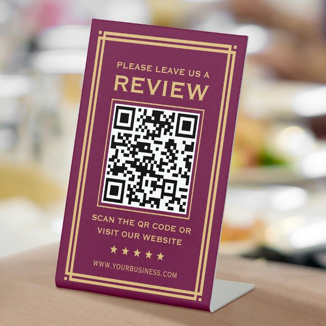 Custom QR Code Leave a Review Classic Plum Gold Pedestal Sign (Creator Uploaded)